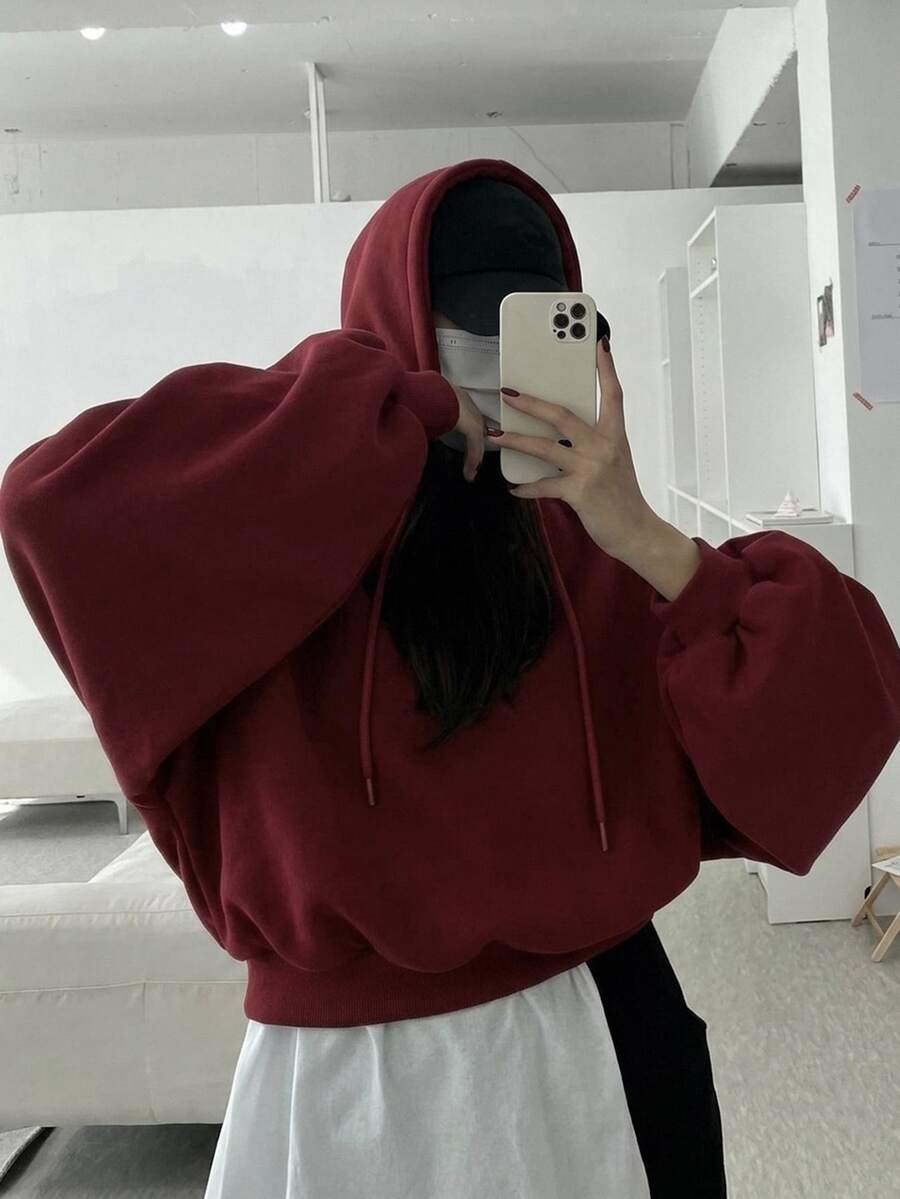 DAZY 女款純色連帽寬鬆短版運動衫 - 酒紅色 - 查看 1
