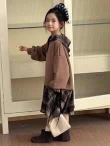 DAZY Tween Girl Patchwork Plaid Ruffle Hem Dropped Shoulder Long Sleeve Casual Hooded Dress - Camel - View 5