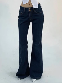 DAZY Women's Double-Breasted Zipper Half-Placket Elegant Fashion Versatile Denim Flare Pants - Dark Wash - View 5