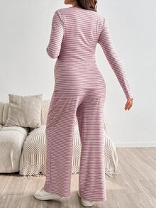 SHEIN 孕婦條紋哺乳長袖上衣與可調腰圍長褲休閒日常兩件套 秋季 - 粉色 - 查看 9