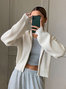 DAZY Solid Color Fitted Short Hooded Long Sleeve Casual Street Vacation Spring Autumn Zip Up Knit Cardigan For Women - Apricot - View 1