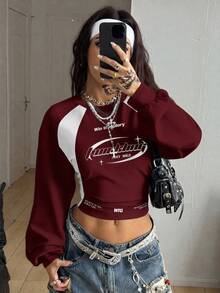 女款字母印花休閒日常穿著長袖運動衫 - 白色 - 查看 3