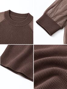 SHEIN Women's Autumn Thin Hollow Knit Top Slim Fit Elegant Solid Color Inner Layer Round Neck Sweater - Brown - View 3