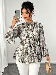 Elenzga Halloween Plus Size Blue White Porcelain Floral Print Tie Waist Peplum Blouse, Stand Collar Keyhole Neck, Fron Fall Formal Party Elegant - Black - View 3