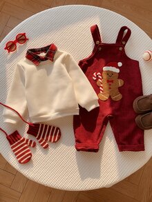 SHEIN 2pcs Baby Boy Autumn/Winter Plaid Shirt Collar Pullover Sweatshirt & Overalls Set, Sweatshirt Set, Overalls Set, Christmas Set, Red Set, Infant Set, Cute Set - Multicolor - View 3