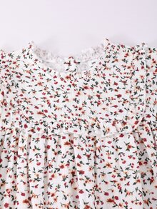 SHEIN Vintaside Kids 少女秋季棉質洋裝 小碎花數位印花 荷葉領長袖 田園風 - 彩色 - 查看 7