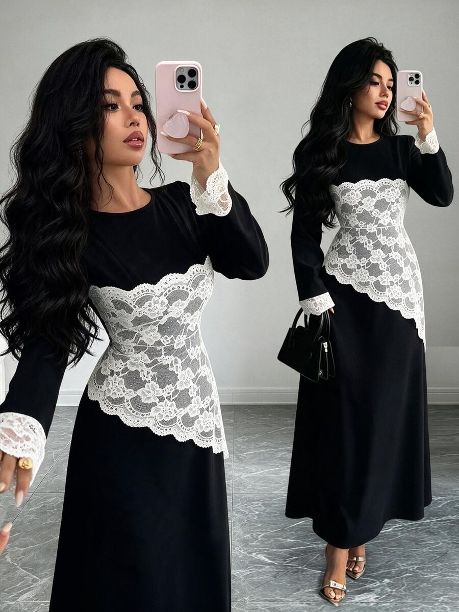SHEIN Raffinéa فستان طويل أنيق جديد للنساء بتصميم غير متماثل مع رقعات دانتيل وخصر مشدود للتنقل اليومي - الأسود - مشاهدة 1