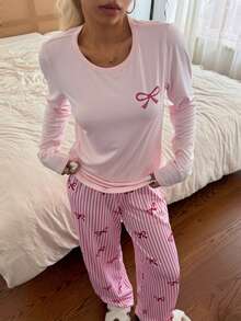 SHEIN Bow Striped Print Fresh Women's Pajama Set Casual Homewear - Pink - View 3
