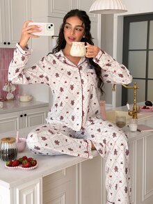 SweetSlumber Women's Christmas Gingerbread Man Bow Collar Long Sleeve Pants Pajama Set - Multicolor - View 5