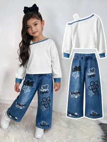SLAYR 青少女街頭時尚黑色不對稱肩領衛衣與丹寧質感寬鬆長褲套裝 - 彩色 - 查看 4