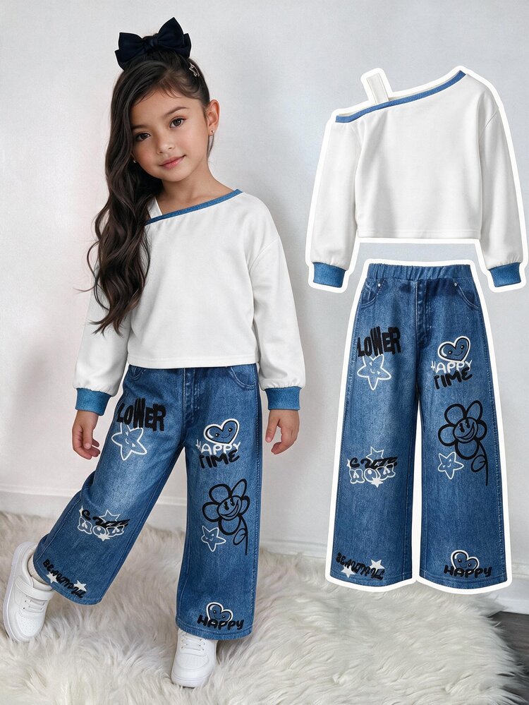 SLAYR Young Girl Young Girls Street Fashion Black Asymmetrical Shoulder Sweatshirt & Denim Effect Loose Pants Set - Multicolor - View 4