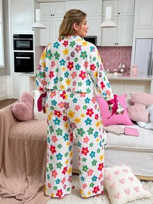 Slumberry CURVE Sweet & Cute Contrast Color Bowknot Colorful Floral Pattern Plus Size Pajama Set - Multicolor - View 2