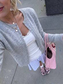SHEIN Revavyn Women's Cardigan Fitted Knit Crew Neck Single Breasted Ribbed Cuffs Elegant Casual Old Money Grey Solid Fall Clothes For Women Fall - Light Grey - View 8