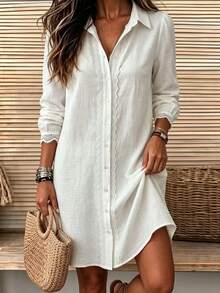 Breezaya Women's Fashion Casual Button Lace Patchwork Dress - White - View 3