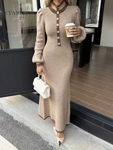 DAZY 秋冬駝色鈕扣前開襟花瓣袖羅紋針織修身長版優雅溫柔通勤女款針織洋裝 - 棕色 - 查看 5