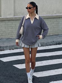 Muchica 女款 Polo 領長袖寬鬆加厚運動衫 秋季街頭風學院風大學服飾 海軍藍與白色淺灰色 - 彩色 - 查看 4