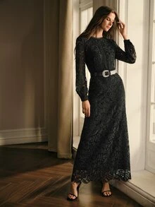 MOTF PREMIUM VINTAGE LACE HOLLOW OUT ELEGANT WOMEN'S DRESS - Black - View 5