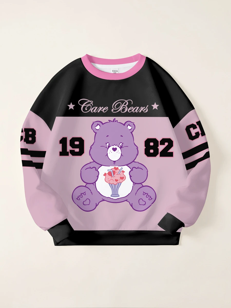 SHEIN X Care Bears Tween Girl Letter Cartoon Pattern Casual Everyday Long Sleeve Sweatshirt - White - View 1
