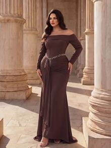 Coutiva Plus Size Elegant Luxury Rhinestone Pleated Off-Shoulder Evening Gown Dress - Coffee Brown - View 4