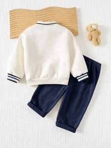 SHEIN 中性嬰兒男孩/女孩、幼兒 2件組秋冬保暖內裡加厚休閒可愛 Polo 領運動衫套裝，嬰兒冬季衣物，聖誕節 - 藏蓝色 - 查看 2