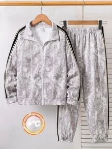 SHEIN 兒童青少年男孩拼色織帶圓領長袖秋季夾克與鬆緊腰長褲2件套 - 彩色 - 查看 1