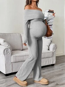 SHEIN Maternity Simple Comfortable One-Shoulder Jumpsuit Long Pants For Daily Wear Fall - Grey - View 5