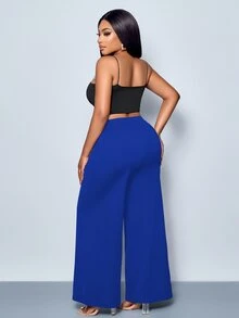 SHEIN CURVE+ Celana Wanita Plus Size Warna Polos dengan Detail Sabuk Kaki Lebar, Celana, Cocok untuk Semua Musim, Cocok untuk Pesta, Konser, Gaya Harian Komuter, Festival Musik, Romansa, Hari Valentine, Liburan - Royal Blue - View 5