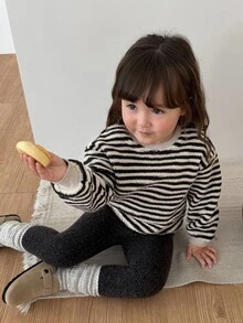 DAZY Infant (Girl) Round Neck Striped Korean Style Long Sleeve Sweatshirt Set - Apricot - View 4