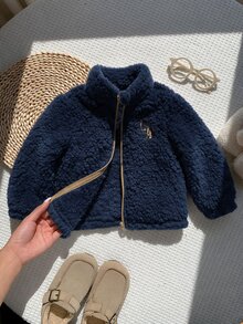 SHEIN 男嬰可愛秋冬百搭毛茸茸杏色刺繡圖案立領夾克 抓絨外套 嬰兒外套 秋冬厚款白色夾克 - 藏蓝色 - 查看 1