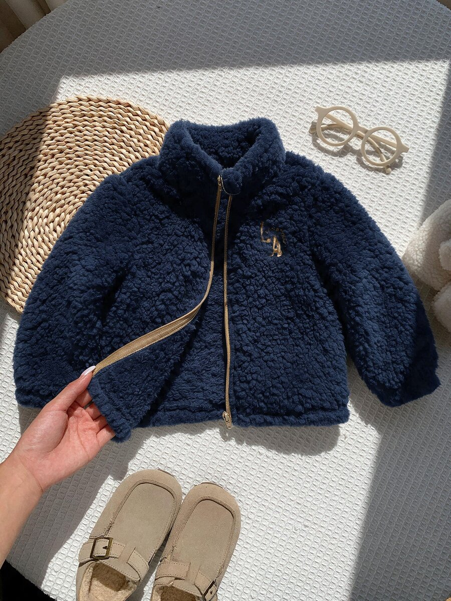 SHEIN 男嬰可愛秋冬百搭毛茸茸杏色刺繡圖案立領夾克 抓絨外套 嬰兒外套 秋冬厚款白色夾克 - 藏蓝色 - 查看 1