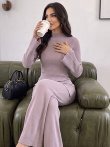 Veilorie Women's Solid Color Stand Collar Bell Sleeve Sweater And Knitted Long Pants Casual 2 Pieces Set - Pink - View 7