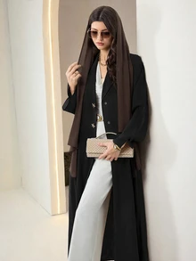 Al Najma Women's Solid Color Long Sleeve Single-Breasted Loose Fit Abaya - Black - View 8