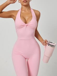 SHEIN Sovereign Charm Jumpsuit Olahraga Wanita Warna Polos dengan Leher V Dalam dan Desain Berpilin, Model Halter Neck - Berwarna merah muda - View 6