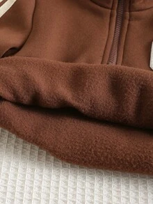 SHEIN 中性嬰兒男孩/女孩，嬰兒男孩2件組秋冬抓絨內裡加厚休閒可愛立領運動衫套裝，嬰兒冬季套裝，運動服，慢跑褲 - 棕色 - 查看 5