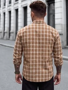 Manfinity Homme 1件男士成熟休閒風格子布料襯衫，通勤百搭時尚舒適，男友禮物、丈夫禮物、週年紀念禮物 - 棕色 - 查看 2