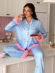 SweetSlumber Women's Sweet Romantic Colorblock Bow Print Contrast Trim Open Front Pajama Set - Blue - View 1
