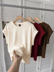 SHEIN LUNE Women's Casual Round Neck Dolman Sleeve Short T-Shirt 3pcs Set Suitable For Spring Summer Autumn - Multicolor - View 1