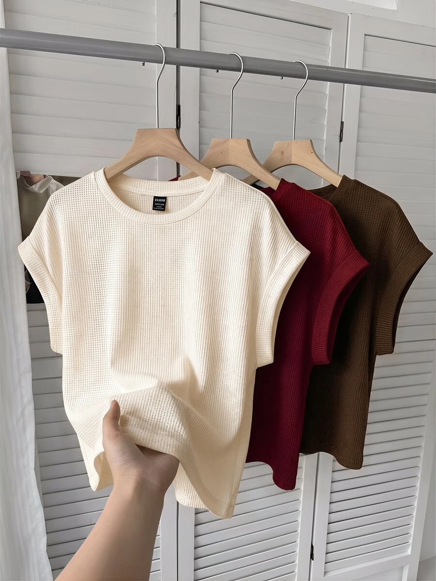 SHEIN LUNE Women's Casual Round Neck Dolman Sleeve Short T-Shirt 3pcs Set Suitable For Spring Summer Autumn - Multicolor - View 1