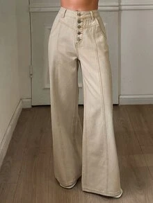 Dazy Tall Women's Loose Straight Leg Long Pants Button Decor Urban Casual Denim Jeans - Khaki - View 4