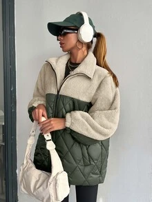 SHEIN معطف مبطن للنساء مع رقعة قماش دب تيدي، خط خياطة بشكل ماسي - أخضر عسكري - مشاهدة 3