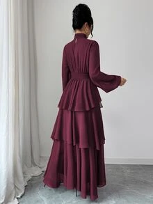 Elenzga 女款純色透視雪紡洋裝，高領收腰 A 字版型，層次荷葉邊下擺，燈籠袖，酒紅色，優雅端莊秋季晚宴穿搭 - 酒紅色 - 查看 2