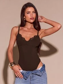SHEIN BAE 秋冬棕色深V領蕾絲飾邊細肩帶緊身性感連身衣 感恩節亡靈節派對穿搭 - 咖啡棕 - 查看 7