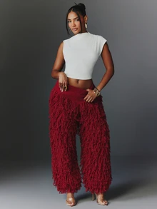 NYA SZN Knit Pant Fringe Trouser Wide Leg Holiday Festival Special Occasion Everyday Casual Work Concert Going Out Club Cozy Chic Cute Party Red Fall Winter - Red - View 5
