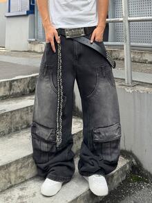 STEELVANCE Men's Streetwear Retro Fashion Versatile Distressed Washed Rivet Patchwork Multi-Pocket Design Loose Straight Wide Leg Casual Denim Jeans (Belt And Accessories Not Included) - Black - View 3