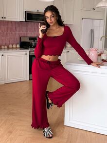 SweetSlumber طقم بيجامة نسائي محبوك بأكمام طويلة وبنطال بتصميم حلو وحار - عنابي اللون - مشاهدة 5
