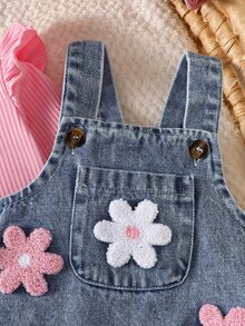 SHEIN 3件組新生女嬰牛仔連身褲 可愛甜美 粉藍色 3D花朵貼花 蝴蝶結荷葉邊 長袖 柔軟 羅紋 生日派對 秋季節日穿搭 - 玫紅色 - 查看 7