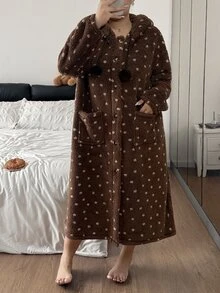 SHEIN Jubah Panjang Wanita Berkerudung Motif Polkadot Dua Sisi Bahan Fleece Musim Gugur/Dingin - Coklat - View 7