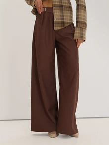 MUSEYN Celana Panjang Lebar Berlipit dengan Detail Ikat Pinggang Anyaman Cokelat, Serbaguna untuk Sehari-hari dan Kasual di Musim Gugur - Coffee Brown - View 2
