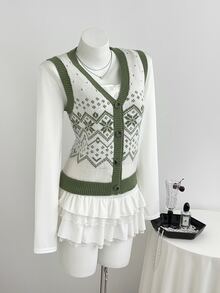 Elamini Women's Autumn/Winter Christmas Snowflake Pattern Rhombus Jacquard Button Contrast Color Cute Delicate Atmosphere Knit Sweater Vest - White - View 3