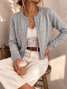 SHEIN Revavyn Women's Cardigan Fitted Knit Crew Neck Single Breasted Ribbed Cuffs Elegant Casual Old Money Grey Solid Fall Clothes For Women Fall - Light Grey - View 6